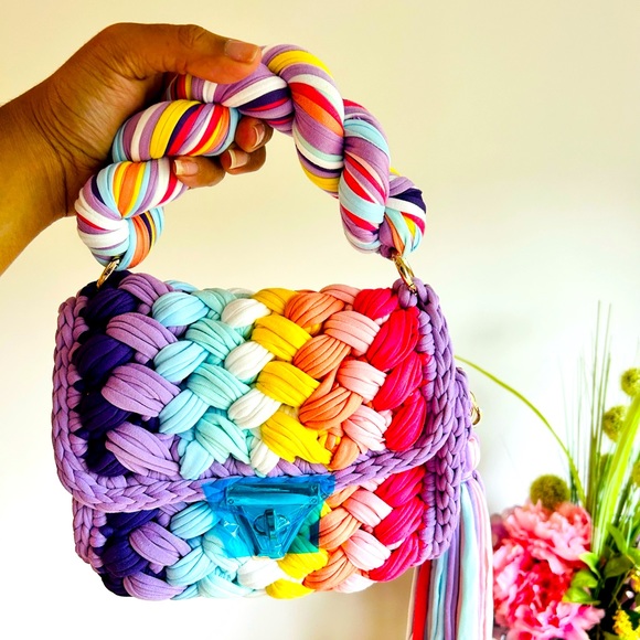 NWT - Handmade Crochet Shoulder Bag - Purple/ Multi Color - Picture 7 of 8